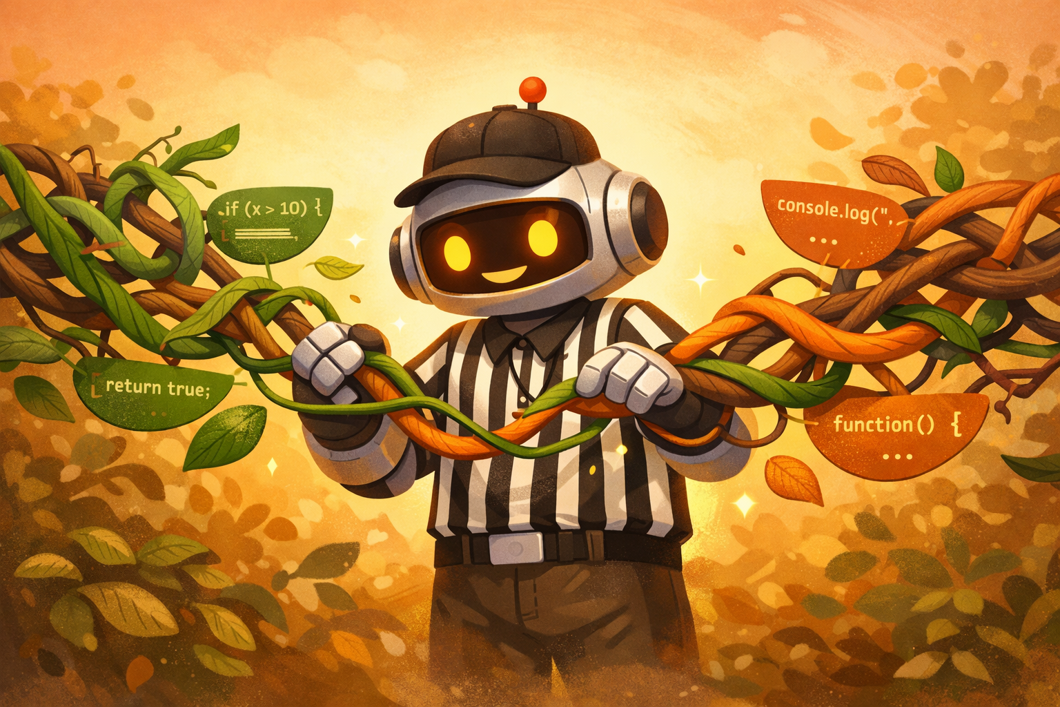 A friendly robot referee untangling two git branches